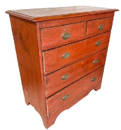 **SOLD** L520 Pennsylvania Federal style Chest of Drawers bearing its original red painted surface with five (5) dovetailed drawers in a two over three graduated drawer configuration. A decorative cut-out apron at the bottom adorns the front and the ends also feature decorative cut out feet. The wood is pine. All drawers bear clean, natural patina interiors. Circa 1840s. Measurements: 38� wide x 18 &frac34;� deep x 41� tall.  