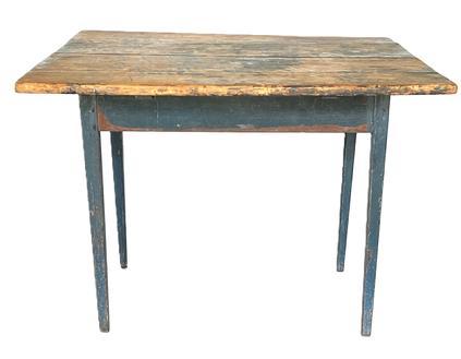 G630 Beautiful 18th century Delaware Valley original blue painted worktable. Apron is mortised and pegged into the tall, delicately tapered Hepplewhite legs. Sturdy, chamfered edge applied wooden battens on each end beneath the two board top help to support the top as well as keeping it from twisting / warping. The wood is pine. Circa 1780s. Measurements:  35 &frac34;� wide x 32 &frac12;� deep x 26 &frac14;� tall. 