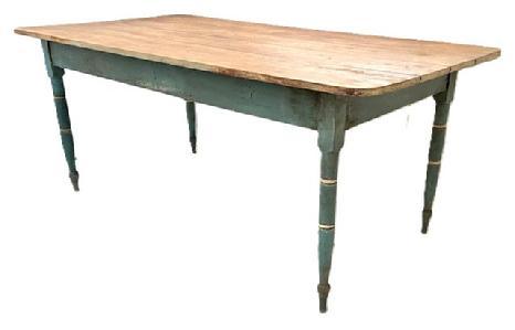 **SOLD** L303 Late 19th century North Carolina country farm table in original blue painted surface featuring a four-board scrubbed top resting on apron that is fully mortised and pegged into the turned legs. The wood is southern yellow pine. Circa 1860-1880s. Measurements:  71� long x 37 5/8� wide x 28 &frac34;� tall. (23 &frac12;� clearance from apron to floor.) 