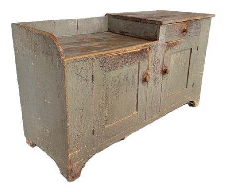 M54 Pennsylvania drysink bearing original gray painted surface with unusual form featuring a half-well with raised workspace and one dovetailed drawer over two mortised and pegged doors. The wood is pine with one-board construction with three-board back secured with square head nails. Circa 1820s-1840s. From Johnstown, Pennsylvania. Measurements: 57 &frac14;� wide x 22� deep x 32 &frac12;� tall.   