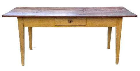 **SOLD** Q191 Mid-19th century Massachusetts farm table with one drawer on side, retaining its original mustard base with red-washed top. This great table features a three-board top resting on nicely tapered Hepplewhite legs. The apron is fully mortised and pegged into the legs. Square head nail construction. The woods are pine and ash � which is a typical New England wood. Circa 1850s. Measurements: 73 &frac34;� long x 34 &frac14;� wide x 30 &frac34;� tall. (Apron to floor is 23 &frac34;�.) 