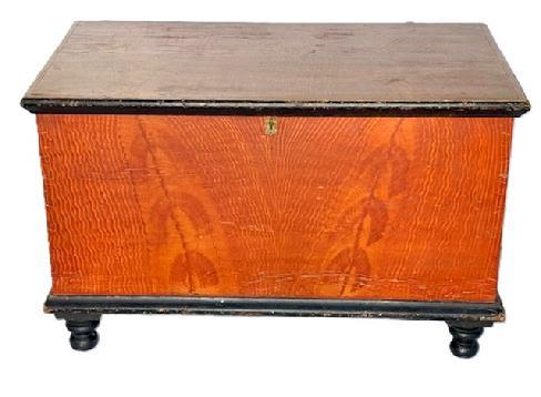 K1861 Beautiful Pennsylvania Paint Decorated Blanket Chest with turned feet. Dovetailed case with applied molding around top and bottom, resting on black painted turned feet. Super clean interior with lidded til inside. The wood is pine. Circa 1850s. Measurements: 37� wide x 21� deep x 23� tall.  