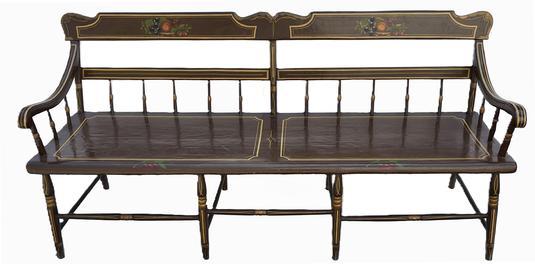 **SOLD** K1634 Early 19th century Pennsylvania paint decorated half spindle back settee bearing original brown painted surface with decorative mustard pinstriping and fruit motif, one board plank seat with pinstripe decoration, scrolled arms bearing pin striping, turned spindles, and rests on turned painted legs. The wood is pine. Often called a "Deacon's" or Hall Bench, this sturdy example is from about 1840. Measurements: 70 &frac34;� long x 21" deep x 32 &frac12;� tall. Seat height is 16 &frac14;� tall.   