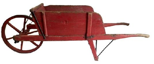 M208 Early 20th century red painted wooden wheelbarrow. It is mortised and pegged with handmade hardware. It has a beautiful wood and iron wheel and iron straps. There are two sides that may be detached and replaced with ease. Measurements: 79� long x 26 &frac14;� wide x 27� tall sides. 