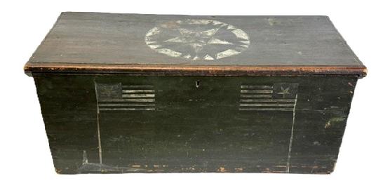 M239 Excellent example of an early 18th century � identified - New England original green painted Sea Chest bearing a hand painted Mariner�s Compass on top of the lid and a variation of one on the inside of the lid. The front panel bears two hand painted flags facing each other. Lidded till inside bears the name �J. A. Lanham� painted in green along the edge of the till�s lid. Six board construction with �T� nailed case and interior strap hinges are secured with rosehead nails. The interior bears natural patina. Original rope and wooden Becketts (handles) remain intact. Measurements: 42 &frac34;� wide x 17 &frac14;� deep x 17 &frac12;� tall. 