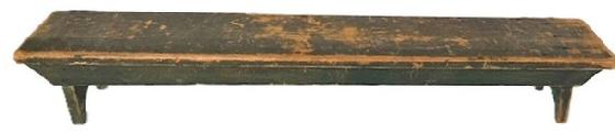 M87 19th century original Windsor green painted Prayer Bench with drop aprons on each side that are mortised into the splayed legs that end in half-moon cut out feet. The wood is pine with square head nail construction. Circa 1850's. Measurements are: 6 &frac34;� deep x 42" long x 6" tall.