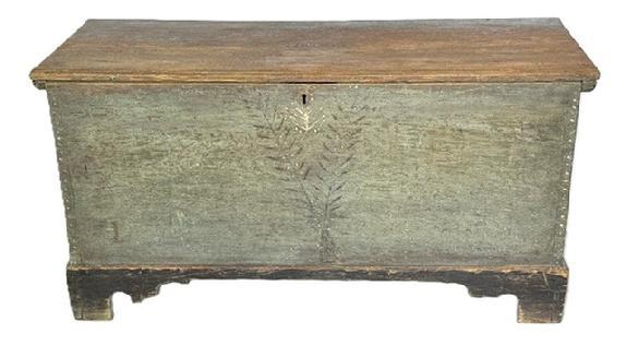 **SOLD** GM2 Rare 18th century Sussex County, Delaware blanket chest bearing its original gray painted surface with original fern and dots paint decoration, a molded edge along front of lid, dovetailed case and original black painted and decorated applied bracket base with dovetailed feet. Solid yellow pine one-board construction with rosehead and �T� nails and snipe / cotter pin hinges.  Clean, natural patina interior with lidded till. Circa 1770s-1790s. (Of note: Ferns symbolized vision, wealth / good fortune and fertility in the 18th century) Measurements: 44 &frac14;� wide x 18� deep x 22� tall. 