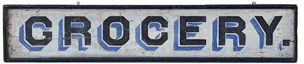 M124 19th century Pennsylvania double sided Trade Sign advertising �GROCERY� painted in black letters with blue shadowing on a white background. Painted on a single board with applied molding surrounding all edges with hooks for hanging.  Each side of the sign is in good condition. Measurements: 66 &frac12;� wide x 13 &frac34;� tall x 2" deep. 
