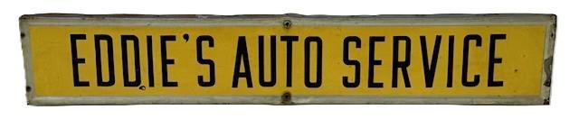 L309 Early 20th century metal Automotive Trade Sign advertising "Eddie's Auto Service". Tin mounted on wooden frame construction with black lettering on a yellow background and a silver border.  The back indicates this sign was made for, and shipped to, Chas. F. Kellum & Co., Inc. � P.R.R. at Ashburner Street � Philadelphia PA. Maker stencil on back: Allen Morrison Sign Co. � Lynchburg, VA. (NOTE: The Charles F Kellum Co was in business 1907-1914 in Philadelphia, PA. The Allen-Morrison Sign Company was in business from the early 1900s to1990 in Lynchburg, VA). Measurements: 58" long x 10" tall.  