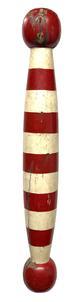 **SOLD** M224 Late 19th century Folk Art Carved Wood Barber Pole with original red and white painted surface.  Original iron bracket remains intact for hanging / display purposes. Measurements: 36 &frac14;� tall. Balls on each end are approximately 7 3/8� diameter. Outer edge of pole is ~10 &frac34;� from wall when hung with attached bracket.  