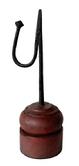 L236 Early 19th century hand forged iron tabletop rush light with counterweight arm to keep the rush grippers tight. Mounted in a turned wooden base with remnants of original red paint. Measurements: Base is 3 &frac14;� x 3 3/8� diameter x 3 5/8� tall. Overall height is 10 &frac14;� tall.  