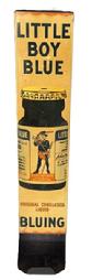 M82 Early 20th century Advertising tin wall dispenser rack for �Little Boy Blue Bluing�. This dispenser was made to hold individual glass bottles of laundry bluing, a product used to whiten and brighten clothes by canceling out yellow tones. Marked on lower right side �Made In U.S.A. Amer. Can. Co.� Circa 1910-1920s. Measurements: 4� wide x 2� deep at top x 3 &frac34;� deep at bottom dispenser opening x 18 &frac12;� tall. 