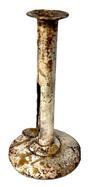 L73A Early 19th century iron �hog scraper� push up candlestick in old white painted surface. Tight, unmarked, working push-up thumb tab. Surface pitting and wear indicative of age and use. Very sturdy and tight. No evidence of ever having a finger curl at top.  Measurements: 7� tall x 3 &frac34;� diameter (base). 