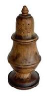 M8 Early 1900s wooden Treenware Sugar Shaker / �Muffineer� with acorn finial - used for sprinkling sugar, pepper and spices � particularly cinnamon � over food (generally muffins). This solid wooden example is marked �France� on bottom    Measurements: 3� bottom diameter x 7� tall.