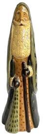 M137 Signed and dated Eldreth Pottery Redware Santa Figure with long green hooded cloak with holly leaves with berries and stars adorning the edges. He is holding a simple evergreen tree in his right hand, and a walking stick in his left hand. �Eldreth 2013 12 / 150� is carved into the bottom. It is also hand signed and dated: �Diana Eldreth 2013�.  Measurements: The bottom is 5 &frac14;� x 4 &frac12;� and overall height is 13 &frac34;� tall.  