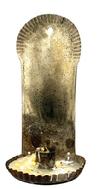 **SOLD** M199A 19th century hanging tin candle sconce with remnants of an early oyster white paint and heavy wax buildup from use; featuring a rounded/arched top edge with hole for hanging purposes and a rounded drip cup - both with distinct crimped edges. Solder joints are secure. Measurements: Drip cup is ~ 4 &frac34;� wide x 3 &frac34;� deep. Back is 3 &frac12;� wide in center and 4" wide at top. Overall height is ~ 9 &frac14;� tall. 
