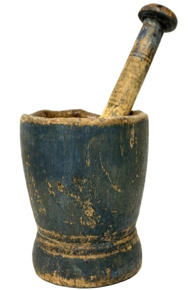 M1110 19th century turned wooden Mortar and Pestle retaining original dry blue painted surface.  Simple turned shape with tapered base and fantastic wear indicative of age and use. Natural patina interior. The long and unusually shaped pestle has incised rings around the handle and retains remnants of the original blue surface.